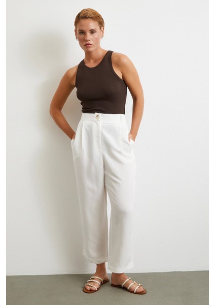Çift Pileli Keten Pantolon Krem