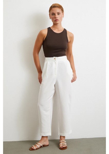 Çift Pileli Keten Pantolon Krem fiyatları