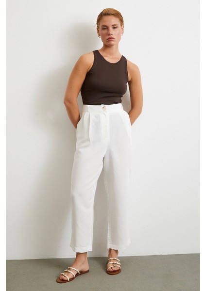 Çift Pileli Keten Pantolon Krem modelleri