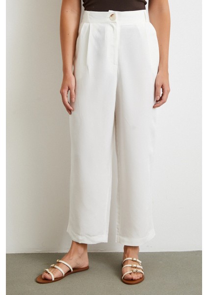 Çift Pileli Keten Pantolon Krem fırsatları