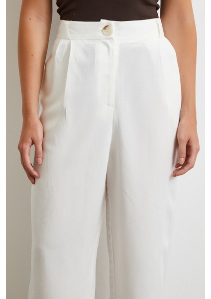 Çift Pileli Keten Pantolon Krem indirimleri