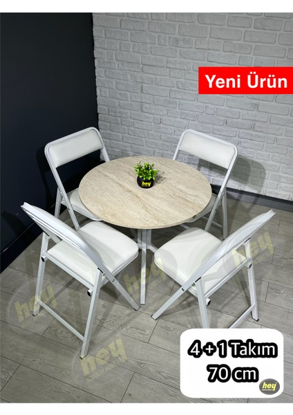 Pars 4 Kişilik Yuvarlak Mutfak Yemek Masası Takımı 4+1 Traverten Beyaz 70 cm