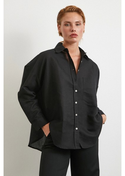 Cepli Oversize Keten Gömlek Siyah