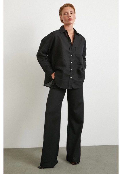 Cepli Oversize Keten Gömlek Siyah fiyatları