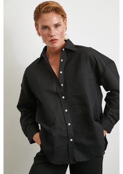 Cepli Oversize Keten Gömlek Siyah modelleri