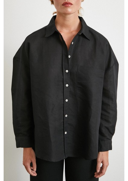 Cepli Oversize Keten Gömlek Siyah fırsatları