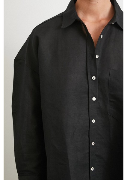 Cepli Oversize Keten Gömlek Siyah indirimleri