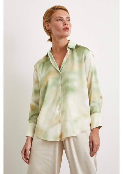 Ebruli Desen Saten Gömlek Yeşil
