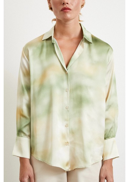 Ebruli Desen Saten Gömlek Yeşil indirimleri