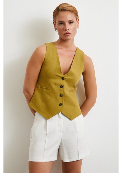 Piliseli Cepli Şort Ekru