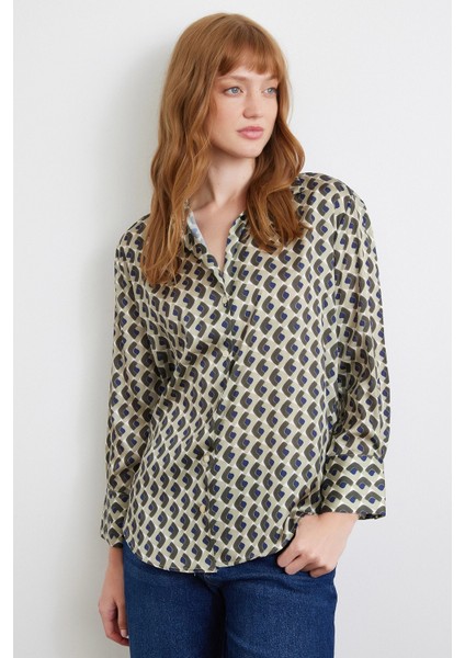 Geometrik Desenli Saten Gömlek Haki fiyatları