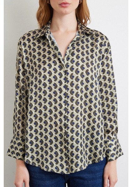 Geometrik Desenli Saten Gömlek Haki modelleri