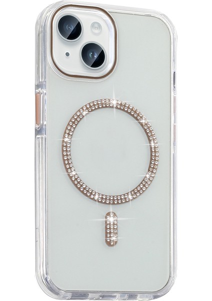 iPhone 13 Kılıf Taşlı Tasarım M-Safe Şarj Özellikli Zore Koment Silikon Kapak - Gold