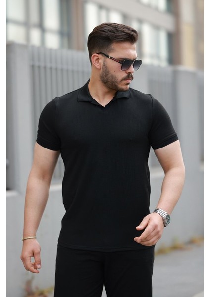 Erkek Yakalı Waffle Dokulu Kısa Kollu Tişört