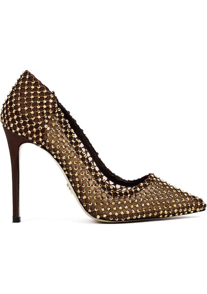 Kadın Bronz Taşlı Yüksek Ince Topuklu Deri Stiletto 25AFD1206TS