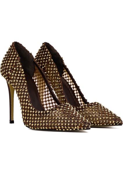 Kadın Bronz Taşlı Yüksek Ince Topuklu Deri Stiletto 25AFD1206TS modelleri