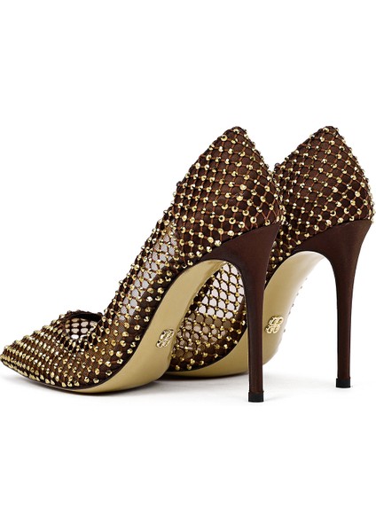 Kadın Bronz Taşlı Yüksek Ince Topuklu Deri Stiletto 25AFD1206TS