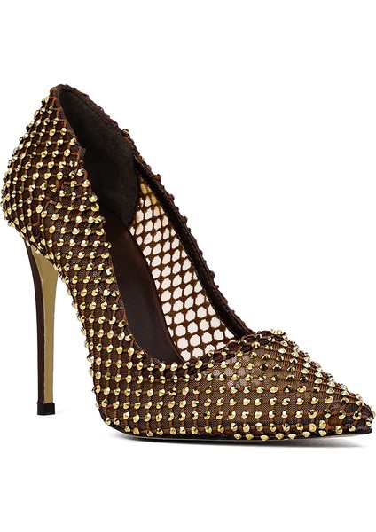 Kadın Bronz Taşlı Yüksek Ince Topuklu Deri Stiletto 25AFD1206TS