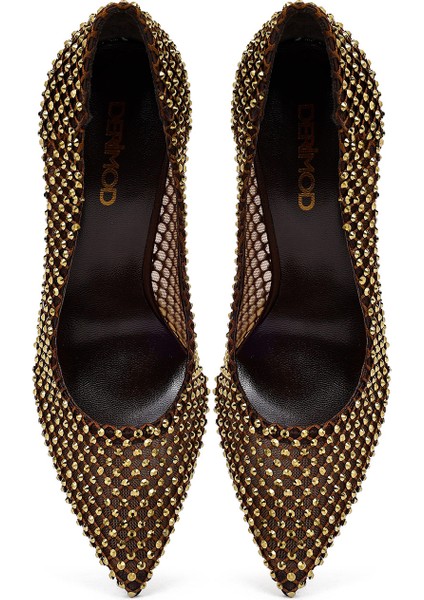 Kadın Bronz Taşlı Yüksek Ince Topuklu Deri Stiletto 25AFD1206TS