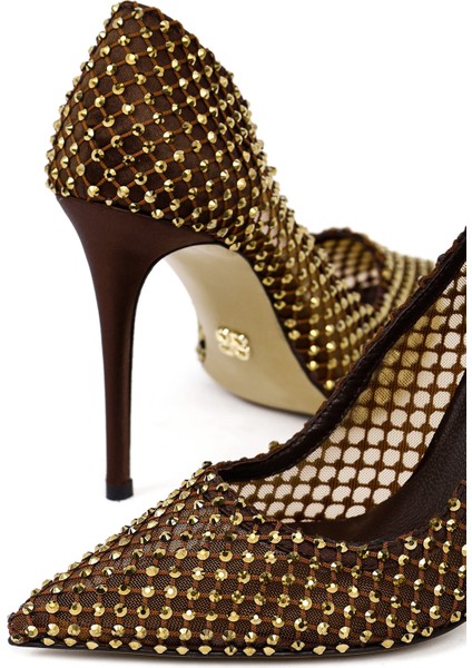 Kadın Bronz Taşlı Yüksek Ince Topuklu Deri Stiletto 25AFD1206TS