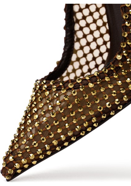 Kadın Bronz Taşlı Yüksek Ince Topuklu Deri Stiletto 25AFD1206TS