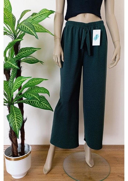 Kadın Yeşil Dökümlü Krep Kumaş Beli Lastikli Bol Paça Pantolon