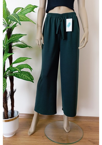 Kadın Yeşil Dökümlü Krep Kumaş Beli Lastikli Bol Paça Pantolon modelleri