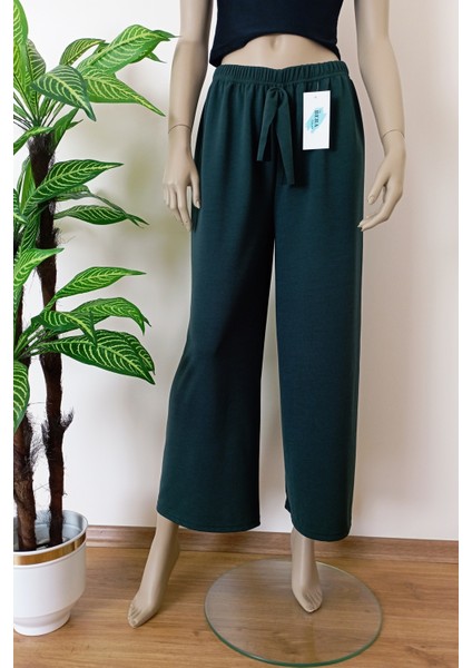 Kadın Yeşil Dökümlü Krep Kumaş Beli Lastikli Bol Paça Pantolon fırsatları