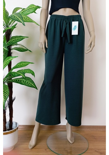 Kadın Yeşil Dökümlü Krep Kumaş Beli Lastikli Bol Paça Pantolon indirimleri