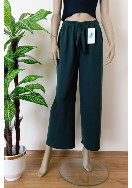 Kadın Yeşil Dökümlü Krep Kumaş Beli Lastikli Bol Paça Pantolon