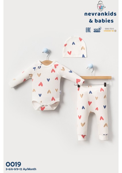 Kız Bebek Renkli Kalpli Krem 3'lü Badili Takım