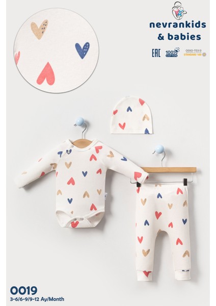 Kız Bebek Renkli Kalpli Krem 3'lü Badili Takım modelleri
