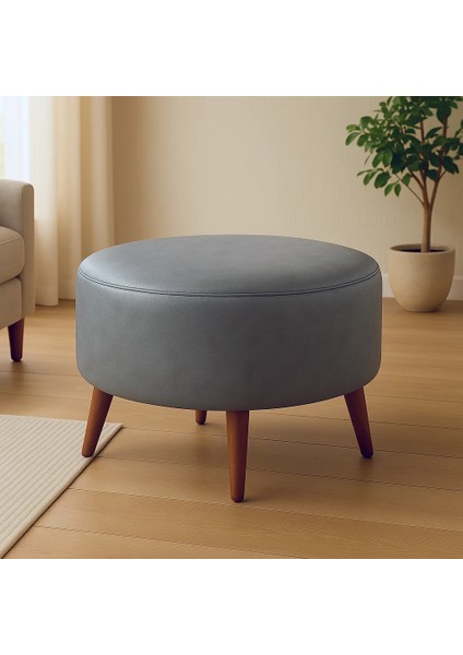 Büyük Yuvarlak Puf - Deri Kumaş - Ahşap Ayak - Gri