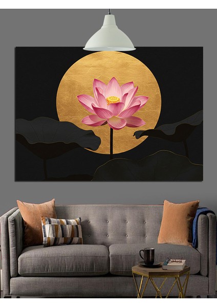 Altın Yuvarlak Fon Lotus Çiçeği Dekoratif Kanvas - Mdf Ahşap Tablo
