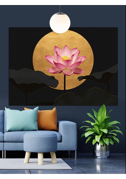 Altın Yuvarlak Fon Lotus Çiçeği Dekoratif Kanvas - Mdf Ahşap Tablo modelleri
