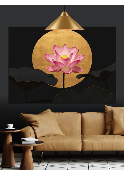 Altın Yuvarlak Fon Lotus Çiçeği Dekoratif Kanvas - Mdf Ahşap Tablo fırsatları