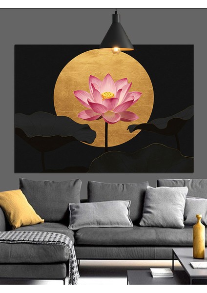 Altın Yuvarlak Fon Lotus Çiçeği Dekoratif Kanvas - Mdf Ahşap Tablo indirimleri