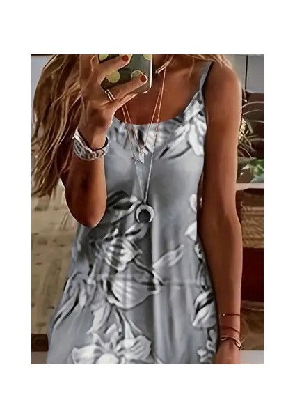 Kadın Askılı Yuvarlak Yaka Etek Geniş Kesim Desenli Süprem Elbise fiyatları