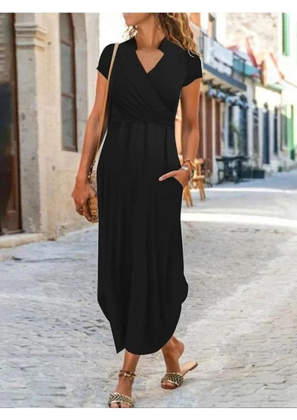 Kadın Kısa Kollu Hakim V Yaka Viskon Elbise