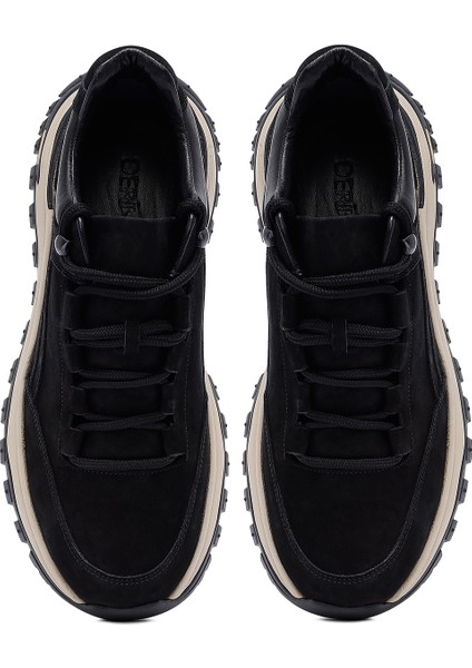 Erkek Siyah Bağcıklı Kalın Tabanlı Nubuk Deri Casual Sneaker 25WFD6605V3