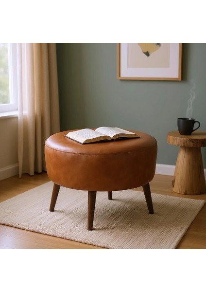 Büyük Yuvarlak Puf - Deri Kumaş - Ahşap Ayak - Taba modelleri