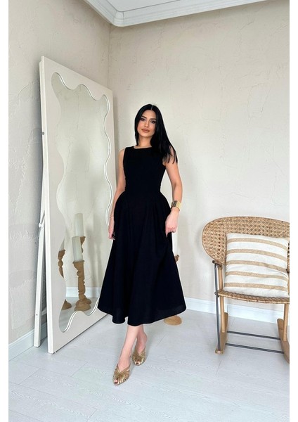 Siyah Yanları Büzgülü Midi Boy Keten Elbise fiyatları