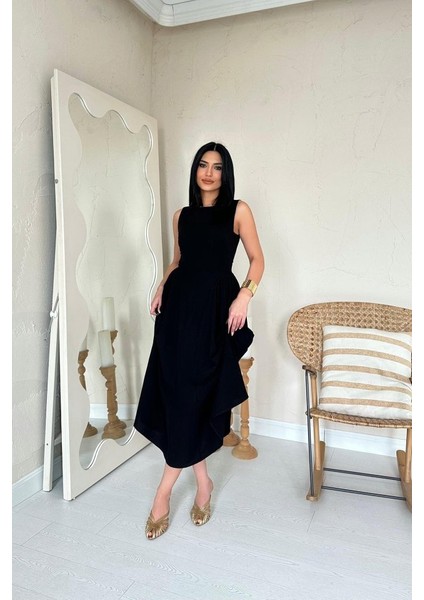 Siyah Yanları Büzgülü Midi Boy Keten Elbise modelleri