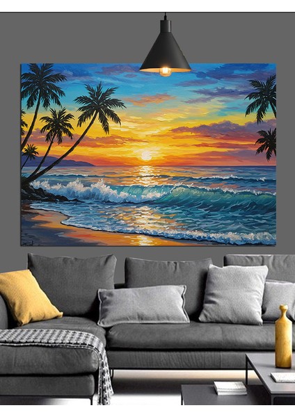 Gün Batımında Tropik Sahil Dekoratif Kanvas - Mdf Ahşap Tablo