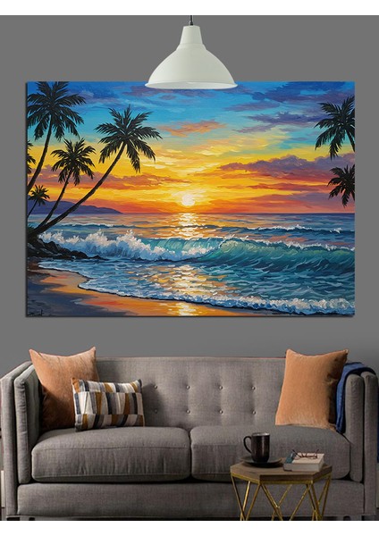 Gün Batımında Tropik Sahil Dekoratif Kanvas - Mdf Ahşap Tablo fiyatları