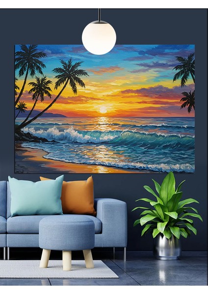 Gün Batımında Tropik Sahil Dekoratif Kanvas - Mdf Ahşap Tablo fırsatları
