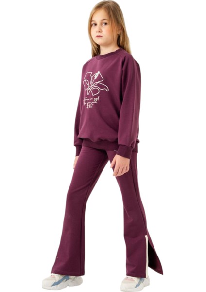 Kız Çocuk Çiçek Yazı Desenli Bordo Renk Eşofman Takımı