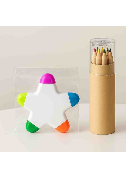 Yıldız Şekillifosforlu Işaretleme Kalemi ( 5 Farklı Neon Renk) + 6' Lı Tüp Kuru Boya Kalemi