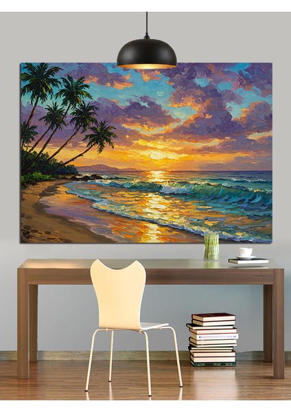 Gün Batımında Tropik Sahil Dekoratif Kanvas - Mdf Ahşap Tablo