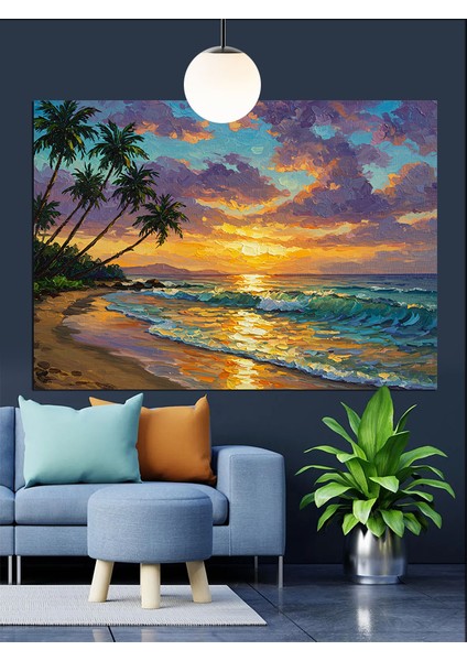 Gün Batımında Tropik Sahil Dekoratif Kanvas - Mdf Ahşap Tablo fiyatları